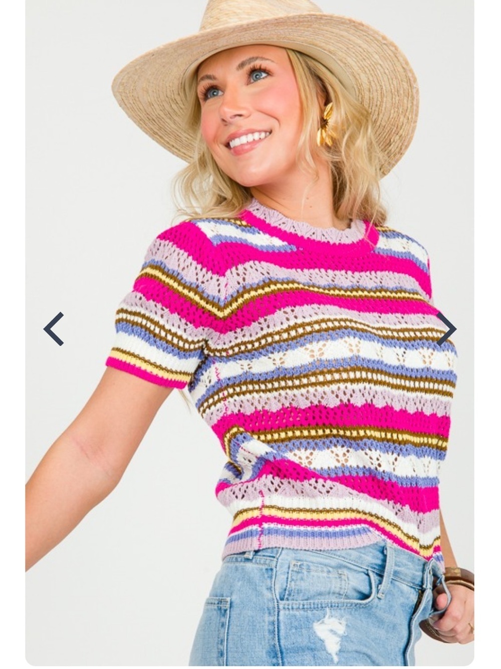 Strut & Bolt Crochet Striped Blouse Sweater Short Sleeve
